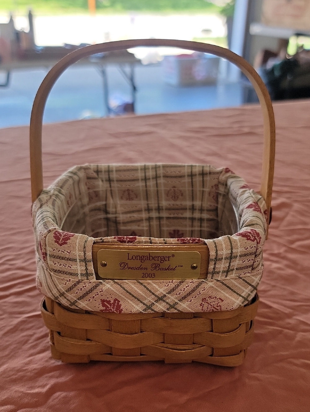 Longaberger Plaid Fall Leaves Fabric Lined Dresden Basket with Red Accents 2003